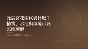 暖棕底上的金色圓月與草葉線條，象徵元辰宮花園裡的植物與月光